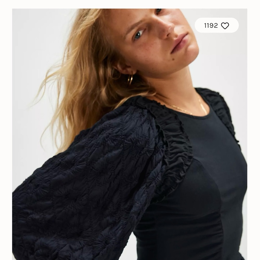 Free People Oliva Black Puff Sleeve Top, Size L